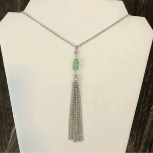 Green Crystal Tassel Necklace Silver Stainless Steel NWT